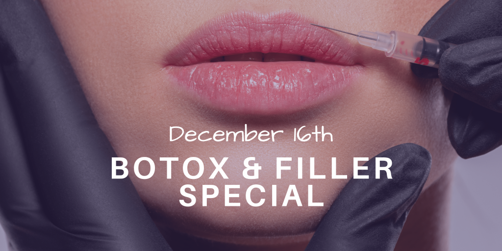 woman getting botox for lips, text - December 16th, Botox & filler special
