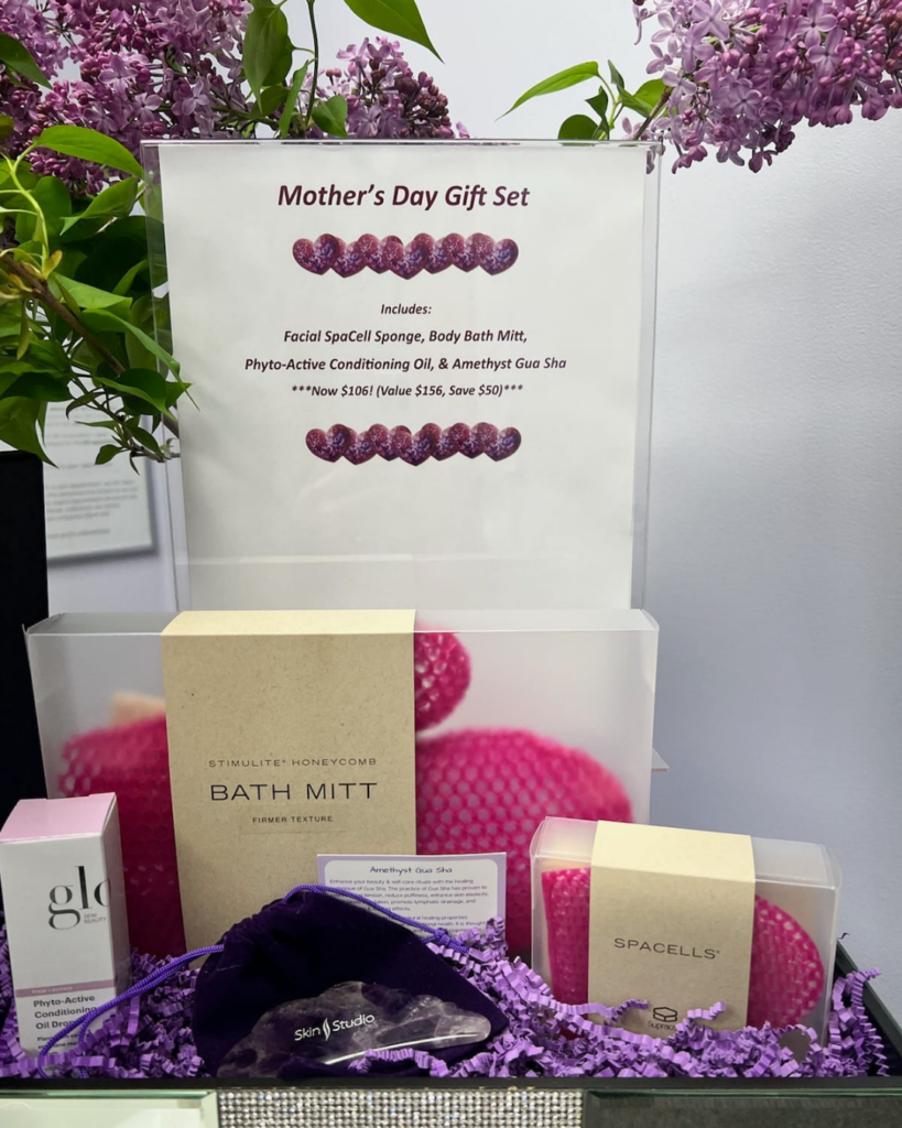 Mother's Day Gift set includes:
* Facial Spacell sponge
* Body Bath Mitt
* Phyto-Active Conditioning Oil
* Amethyst Gua Sha